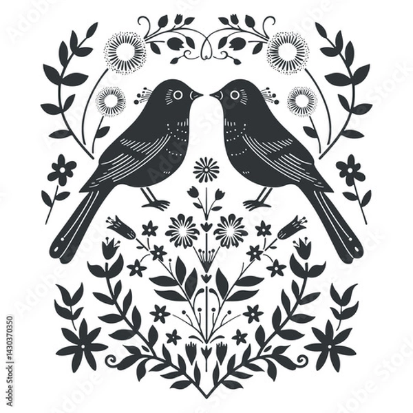 Obraz Vector linocut poster template with birds. Modern symmetry minimal style. Black and white colors. Botanical blockprint. Design for wallpaper, wall decor, print, postcard, cover, template.