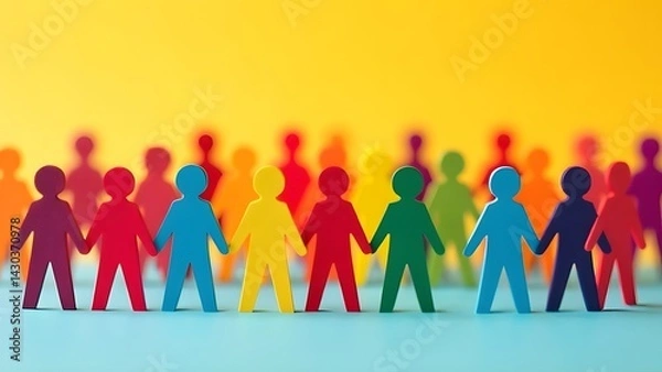 Fototapeta Multicolored paper people holding hands on a yellow background. Different people together.