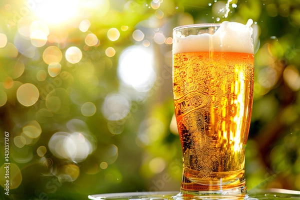 Fototapeta A refreshing pint of golden beer with bubbles and foam, basking in sunlight and perfect for any occasion.