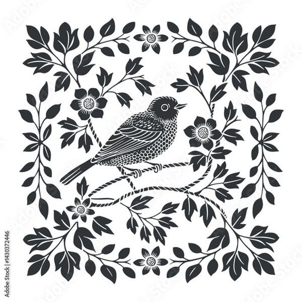 Obraz Vector linocut poster template with bird and flowers. Modern trendy minimal style. Black and white colors. Botanical blockprint. Design for wallpaper, wall decor, print, postcard, cover, template.
