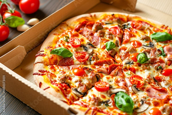 Fototapeta Pepperoni pizza with melted cheese, fresh herbs, and crispy crust in a delivery box.