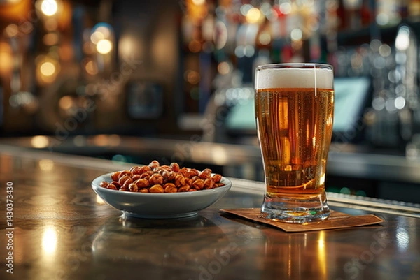 Obraz Foamy beer and nuts on a rustic bar counter, creating a warm and inviting pub setting.