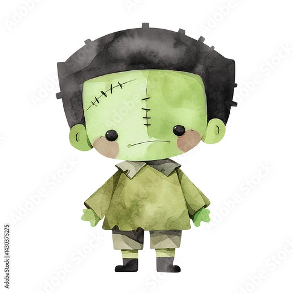 Obraz Little Frankenstein with green face. Children's watercolor illustration of stylized Halloween character. Isolated clipart with clear even edge on transparent background