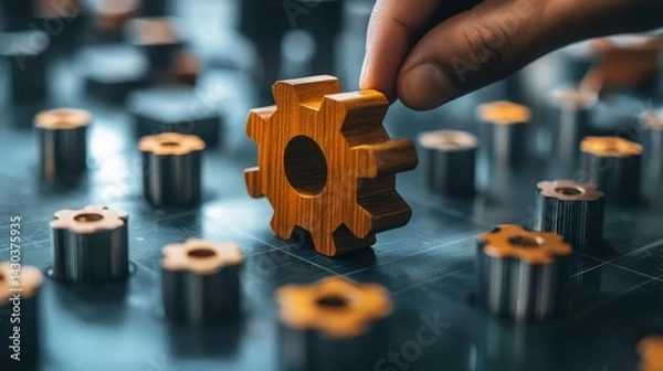 Obraz Hand placing a wooden gear among metallic gears on a work surface.