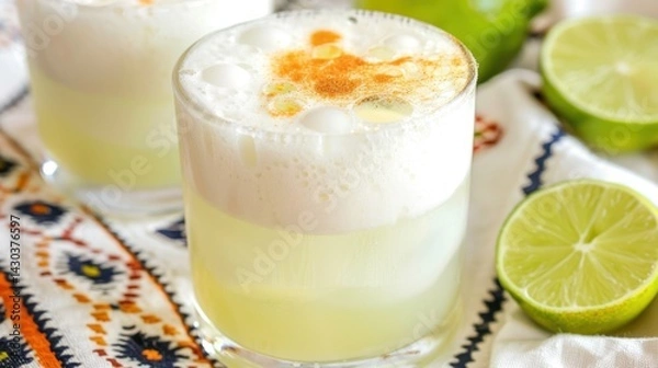 Obraz a South American signature cocktail, featuring a grape brandy, mixed with fresh lime juice, simple syrup and frothy egg whites, creating a tangy, refreshing and slightly sweet drink .