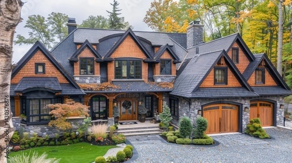 Obraz Pitched roofs are one of the main characteristics of European-style home designs, which often feature complex roof shapes such as mansard roofs or terraced roofs.