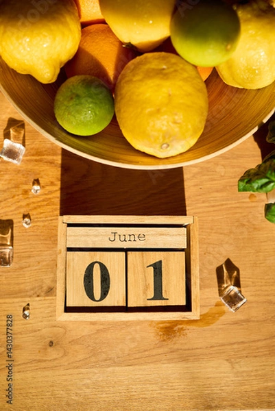 Obraz A wooden bowl filled with colorful citrus fruits sits alongside two glasses with ice and fresh mint leaves, marking the start of June with a warm invitation to refreshment.