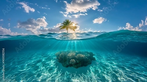 Fototapeta Split-level ocean view palm tree, sun rays, coral, turquoise water, blue sky