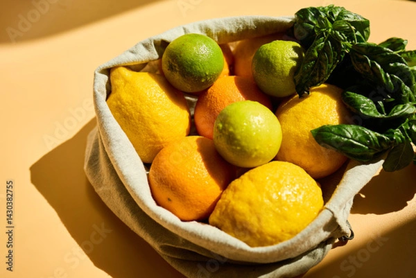 Obraz A reusable basket holds vibrant yellow lemons, oranges, and green limes, along with fresh basil leaves, promoting eco-friendly grocery shopping and healthy living.