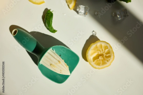 Obraz Fresh lemon slices and mint with a green scoop.