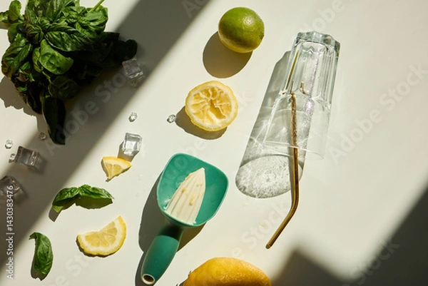 Obraz Lemon and lime preparation with fresh herbs for summer drink, Making a refreshing summer drink.