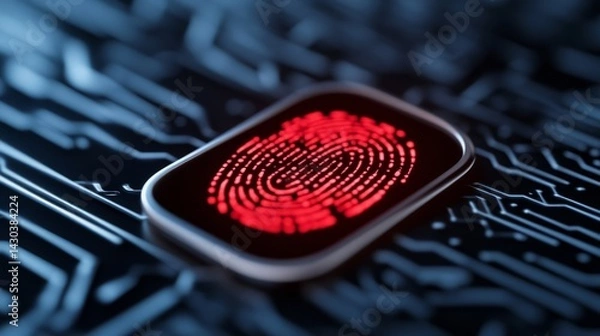 Fototapeta Futuristic red fingerprint scanner on black circuit board, symbolizing digital security and innovation, high-tech biometric technology