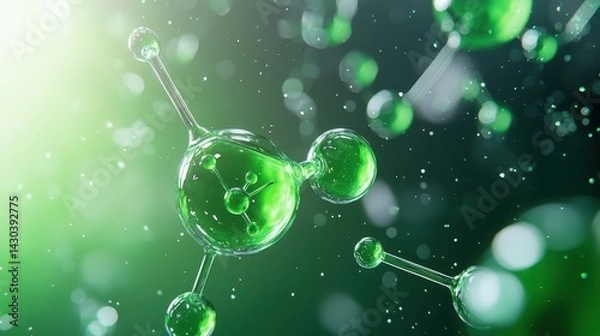 Obraz Abstract representation of green molecules in a dynamic, scientific environment.