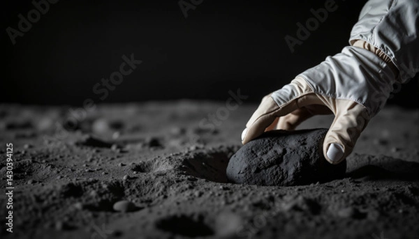 Fototapeta Astronaut's gloved hand holding lunar rock sample on a dark surface, with copy space
