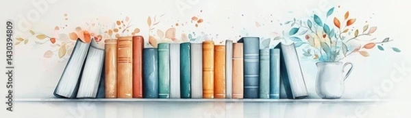 Fototapeta A colorful watercolor illustration of books on a shelf, accompanied by blooming flowers, creating a vibrant and inviting literary atmosphere.