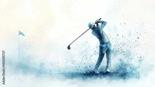 Fototapeta A golfer in motion swings a club against a watercolor background, capturing the dynamic energy of the sport with a flag in the distance.