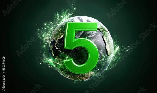 Fototapeta Glowing green number 5 over planet Earth symbolizing 5 June World Environment Day awareness and global ecological celebration

