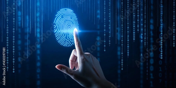 Fototapeta A hand is pointing to a fingerprint on a blue background