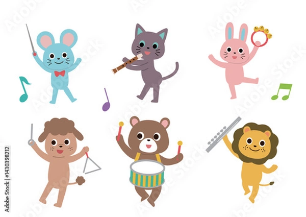 Fototapeta 楽器を演奏しているかわいい動物たちのイラストセット