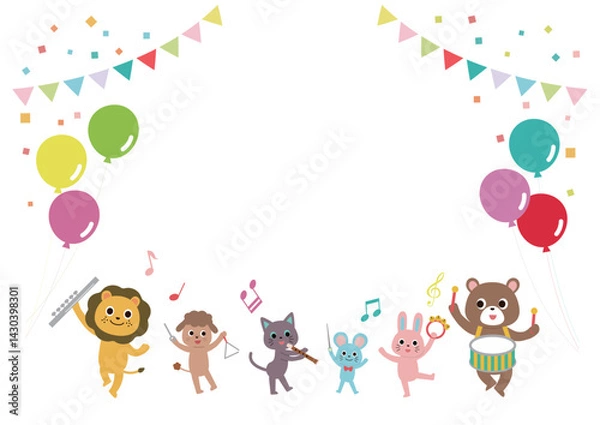 Obraz 動物たちん音楽会　風船とガーランドのフレーム　横
