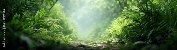 Fototapeta Lush green foliage with soft sunlight filtering through a tranquil forest atmosphere.