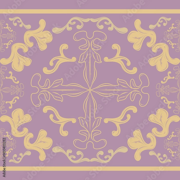 Fototapeta The design has strong vertical symmetry, and the consistent spacing between motifs reinforces the rhythmic flow making it ideal for large-scale application sense of uniformity pale gold purple pattern