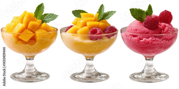 Fototapeta A silky fruit sorbet trio, featuring mango, raspberry, and lemon flavors, served in elegant glass bowls, garnished with fresh mint and citrus zest, isolated on a white background