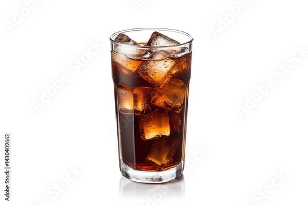 Obraz Cola drink with ice cubes. A tall glass filled with a refreshing cola beverage isolated in transparent background cutout png