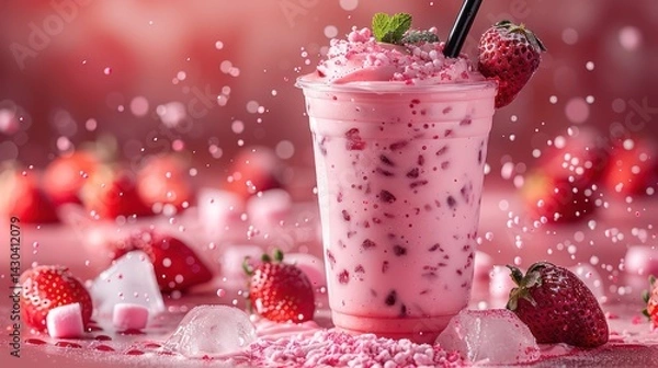 Fototapeta Product photo fresh burst strawberry milkshake cup take away with black straw, strawberry , splash ice cube and flying mint, mallow color background,  Generated AI.
