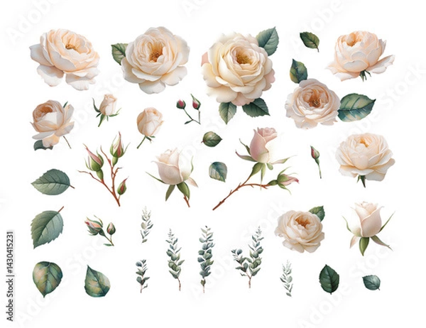 Obraz Set of roses. Cream Rose Clipart Set with Leaves and Buds – Transparent Background. Set for border, wreath, frame. Perfect wedding stationary, greetings, fashion, background.
