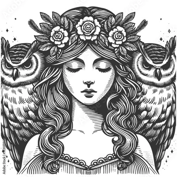 Fototapeta woman with long flowing hair, wearing a floral headpiece, accompanied by detailed owl, symbolizing wisdom and nature sketch engraving generative ai vector illustration. Scratch board. Black and white.