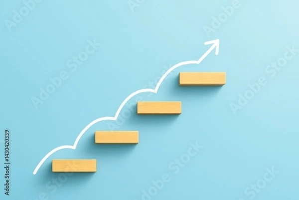 Obraz Ascending Steps: Wooden blocks arranged in a staircase shape, symbolizing growth and progress. An arrow pointing upward marks the journey's direction.