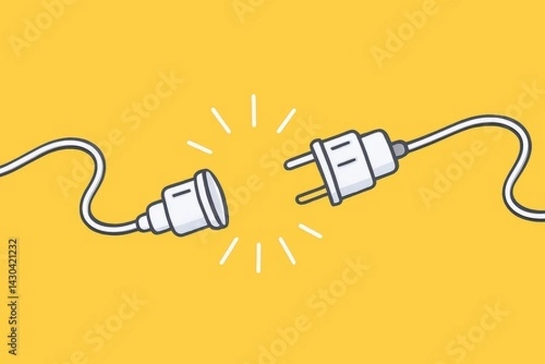 Fototapeta Power Disconnection: A graphic illustration features a detached plug and socket against a vivid yellow backdrop, representing disconnection or interruption.