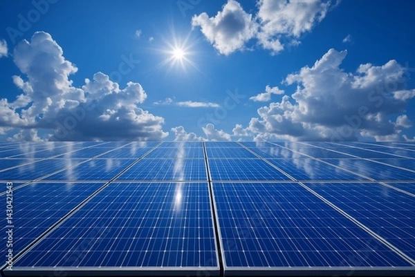 Fototapeta Solar Energy Oasis: A breathtaking shot of a solar panel farm under a bright sun and a sky full of puffy clouds, epitomizing sustainability and eco-consciousness.