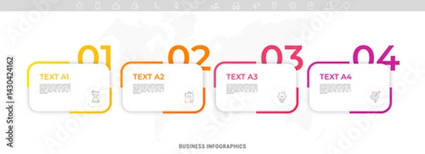 Fototapeta Modern vector flat illustration. Infographic numbers template with four rectangles, elements, icons. Timeline designed for business, presentations, web design, interface, diagrams with 4 steps