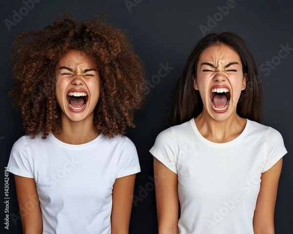 Fototapeta A woman with schizophrenia is photographed in a studio with a double exposure of her face, showcasing her intense emotions of scream, fear, and anger, reflecting her frustrated split personality,