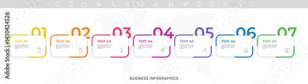 Fototapeta Modern vector flat illustration. Infographic numbers template with 7 rectangles, elements, icons. Timeline designed for business, presentations, web design, interface, diagrams with seven steps