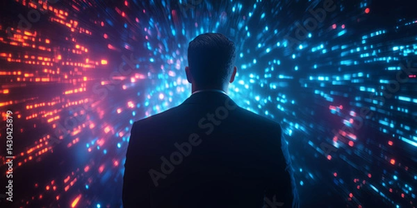 Fototapeta Businessman in a suit looking at stock market growth, holographic financial charts, success perspective
