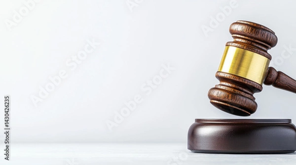 Obraz An elegant wooden gavel with a golden accent rests on its stand against a clean white background, symbolizing law and justice in a pristine setting for legal themes.