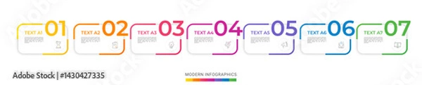 Fototapeta Modern vector flat illustration. Infographic numbers template with 7 rectangles, elements, icons. Timeline designed for business, presentations, web design, interface, diagrams with seven steps