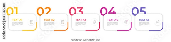 Obraz Modern vector flat illustration. Infographic numbers template with five rectangles, elements, icons. Timeline designed for business, presentations, web design, interface, diagrams with 5 steps