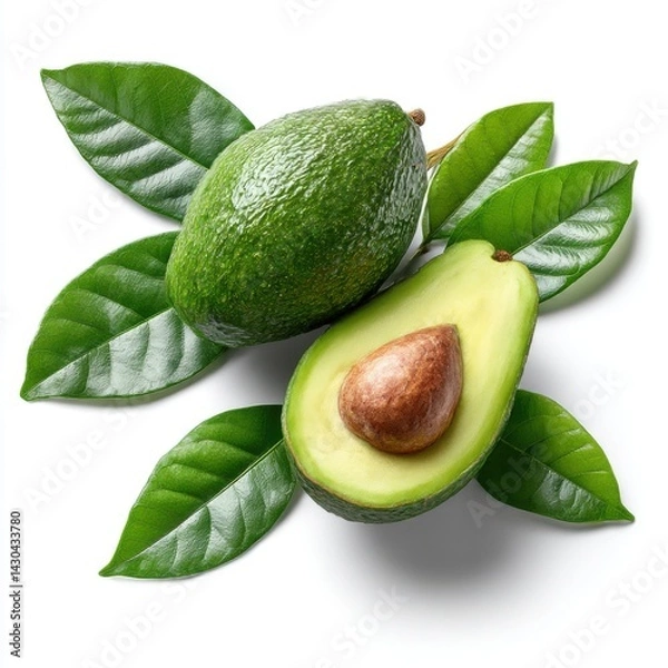 Fototapeta Fresh avocado with leaves, one cut in half showing the pit