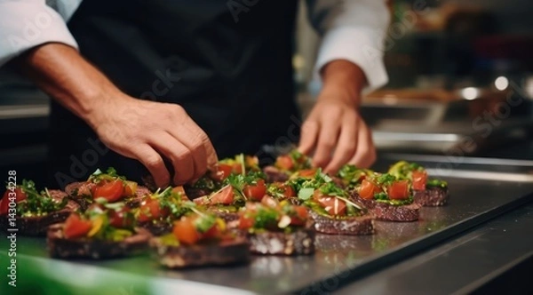 Fototapeta Closeup chef preparing beef bruschetta with avocado and tomatoes spreading sauce with spatula in professional kitchen in Italian restaurant.