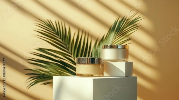 Fototapeta close up view of palm leaf, facial and body creams in glass jars on white cubes on beige background