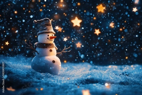 Fototapeta Stars shine brightly over a joyful snowman in a winter wonderland of falling snow, stars falling over snowman and data processing
