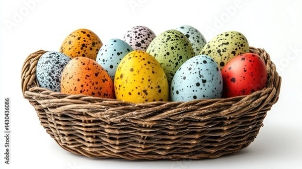 Fototapeta Colorful easter eggs in basket isolated on white background