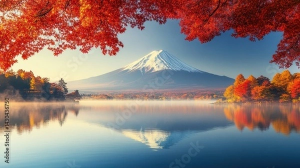 Fototapeta Colorful Autumn Season and Mountain Fuji with morning fog and red leaves at lake Kawaguchiko is one of the best places in Japan