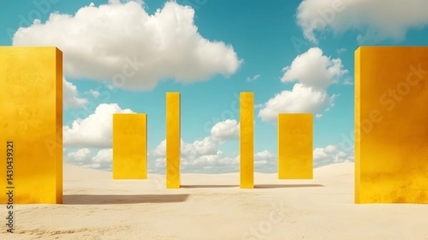 Fototapeta 3d render Surreal desert landscape with white clouds going into the yellow square portals on sunny day. Modern minimal abstract background