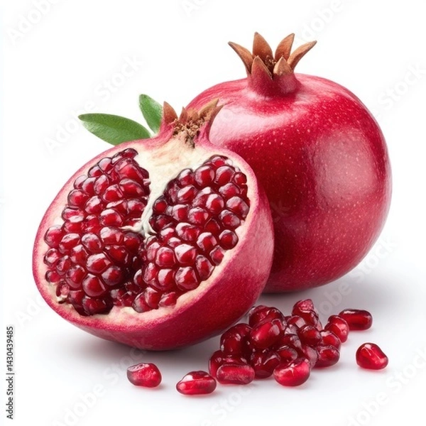 Fototapeta Pomegranates, one whole and one halved, with seeds