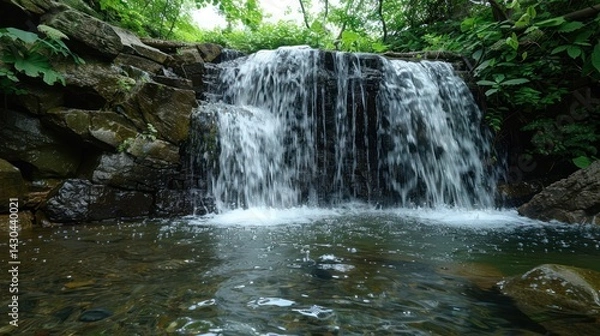 Fototapeta The waterfall is very beautiful from a distance, the water is clear, there are birds flying over it